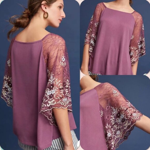 Anthropologie Akemi + Kin Bat Wing Top Women XXS Sheer Mesh Embroidered Sleeves - Picture 1 of 12